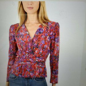 Iro Paris Hurl Blouse Red Floral V Neckline Long Sleeve sz EUR 34 US 0-2 XS